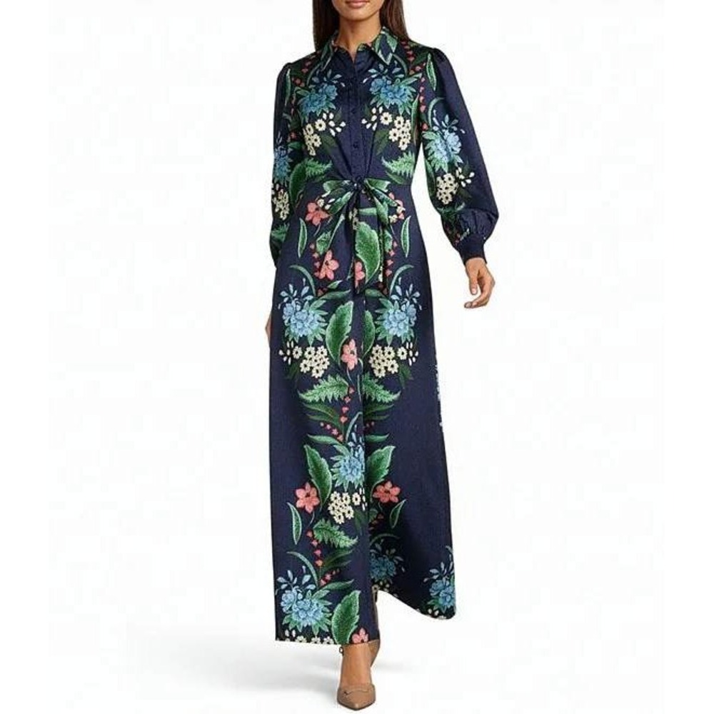 Julia Jordan Navy Blue Floral Print Tie Neck Satin Maxi Dress Size 14